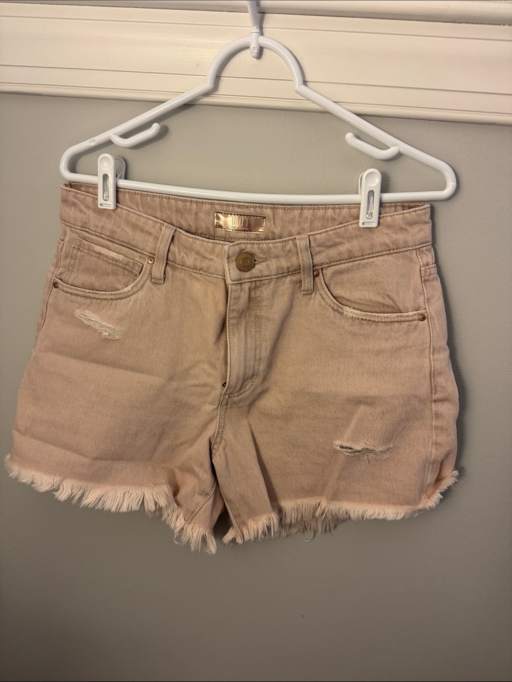 Kut from the Kloth Distressed High-Rise Jean Shorts in Tan
